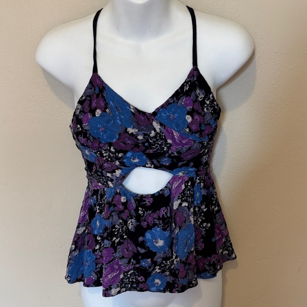 Floral Spaghetti-Strap Camisole with Front Cutout - Black, Blue & Purple
